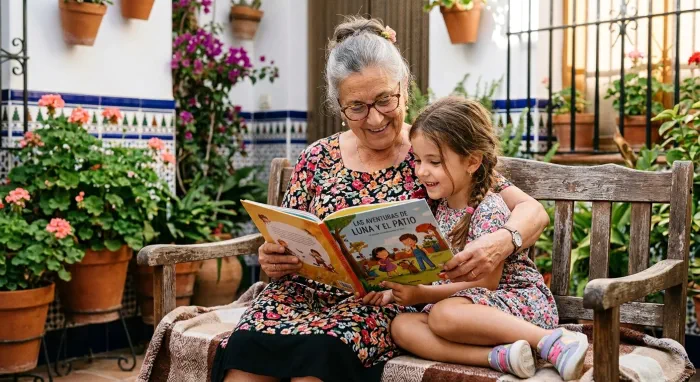 Abuela leyendo un cuento a su nieta en un patio andaluz