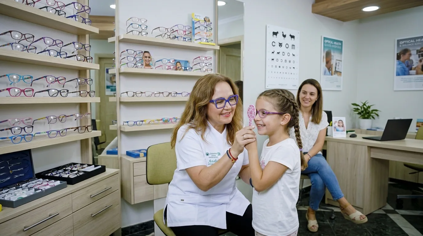Anabel, óptico-optometrista, tapa un ojo a una niña con un oclusor durante una revisión visual infantil