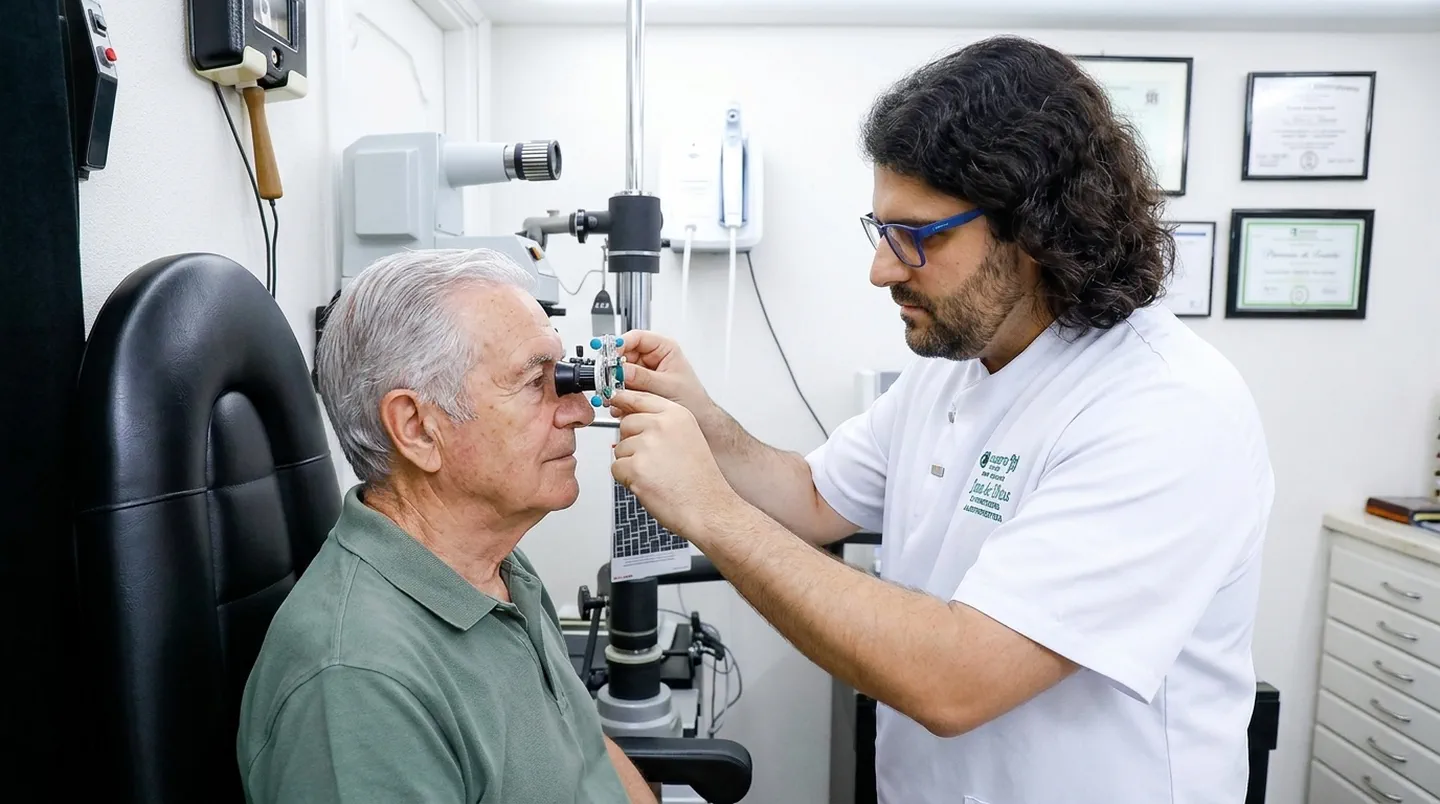 Juan de Dios, óptico-optometrista de Ópticas Fausto, realizando una revisión ocular a un paciente