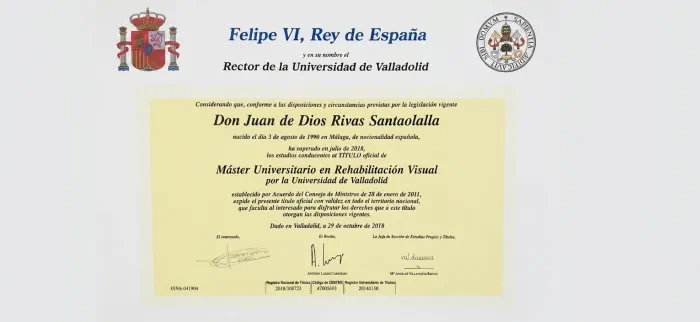 Título de Máster Universitario en Rehabilitación Visual de Juan de Dios Rivas Santaolalla, Universidad de Valladolid