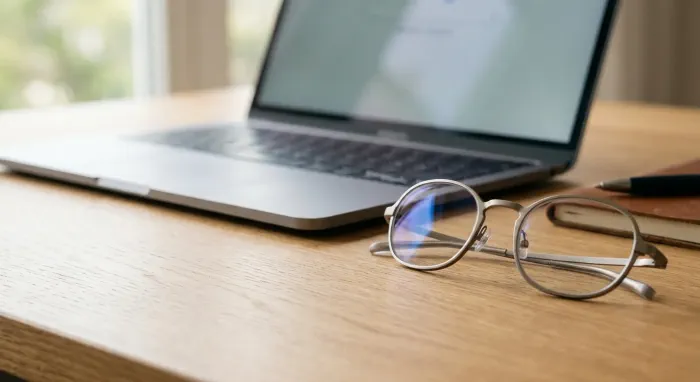 Gafas con filtro de luz azul junto a un portátil