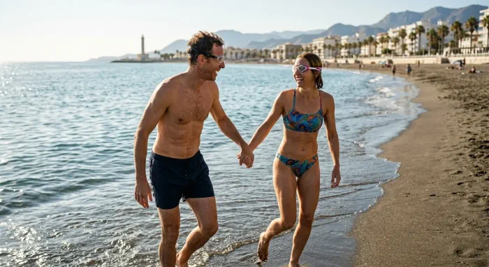Pareja con gafas de natación graduadas en la playa de Torre del Mar