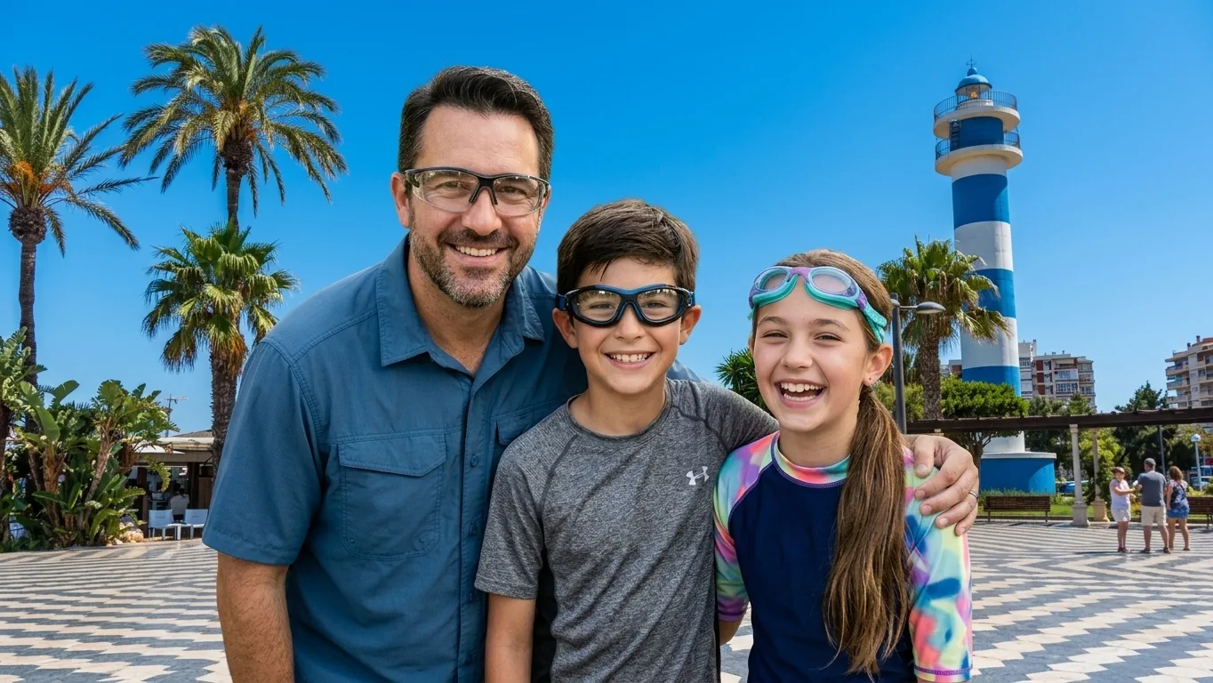 Un padre y dos niños con gafas deportivas en el paseo marítimo, con el faro de Torre del Mar al fondo