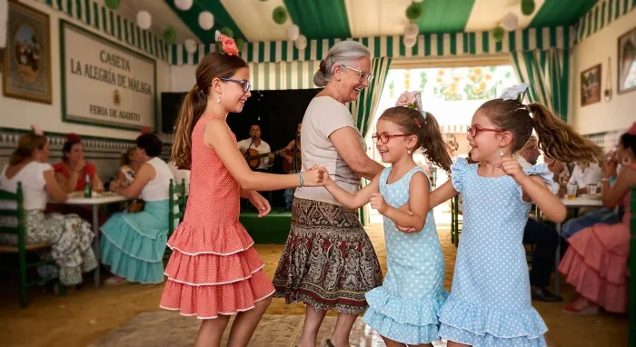 Familia disfrutando de la Feria de Málaga, tres generaciones bailando juntas