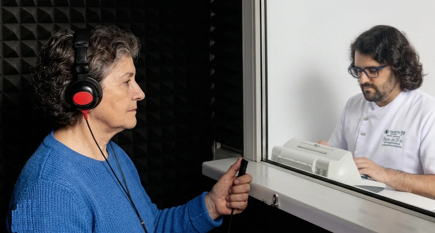 Una paciente con auriculares dentro de la cabina insonorizada durante una audiometría, atendida desde el otro lado del cristal