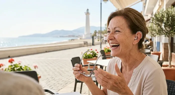 Mujer riendo en una terraza de Torre del Mar, con audífono visible