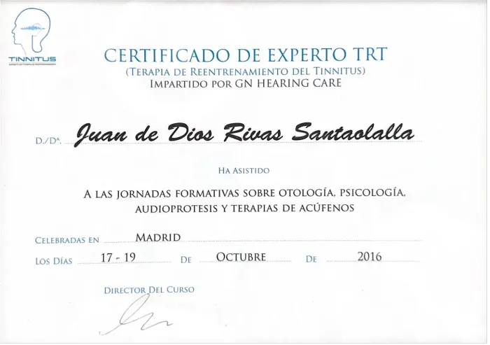 Certificado de Experto en Terapia de Reentrenamiento del Tinnitus (TRT) de Juan de Dios Rivas Santaolalla