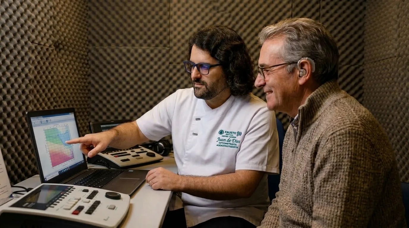 Un audioprotesista señala los resultados en pantalla a un paciente durante una sesión de rehabilitación auditiva