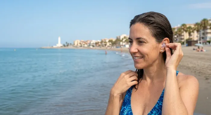 Mujer colocándose un molde de baño a medida en la playa de Torre del Mar